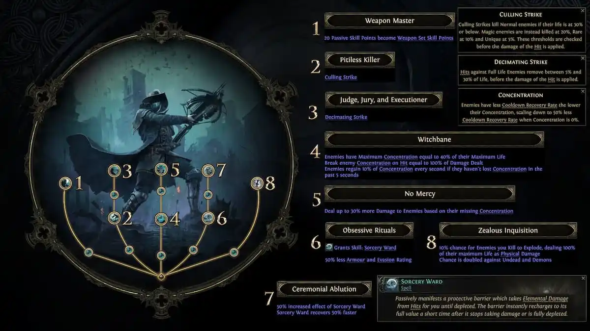 The Witchhunter ascendancy class for the Mercenary in Path of Exile 2 explained via various textboxes and an image of him holding a crossbow while wearing Puritan-inspired robes and a helmet.