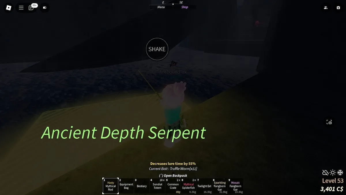 Catching the Ancient Depth Serpent in Roblox Fisch.