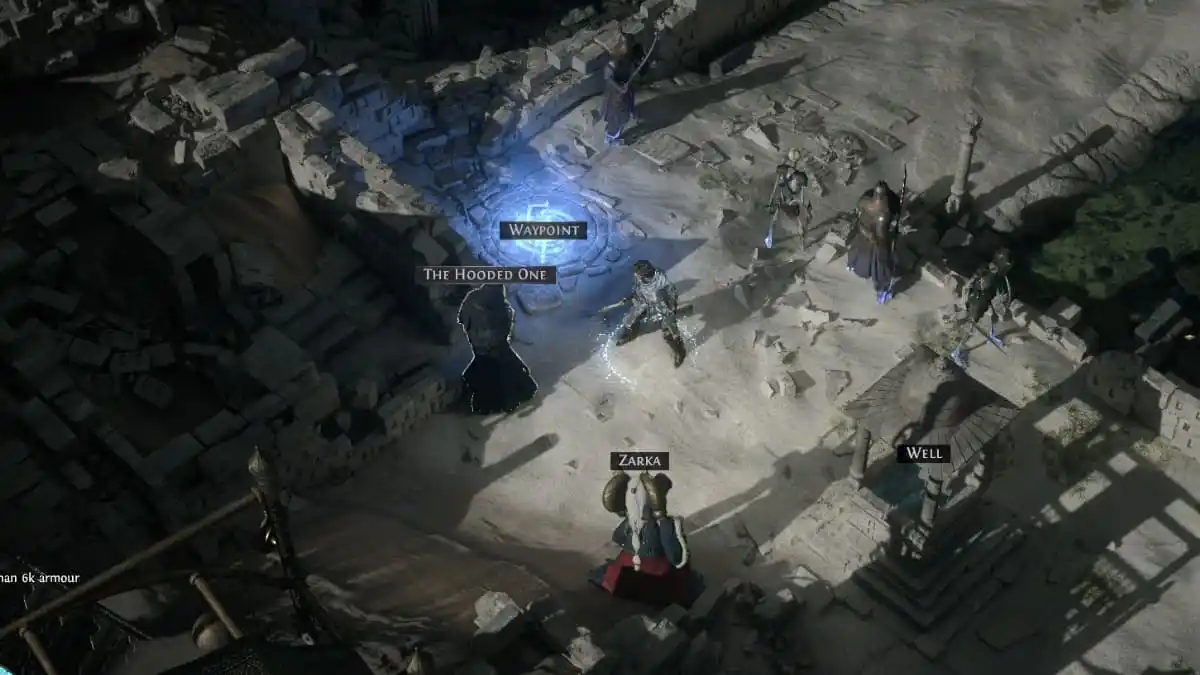 A witch standing in front of a strange man in black robes with indiscernible features. Her skeletal warriors stand behind her amid a bleak and bland deserted land in PoE 2.