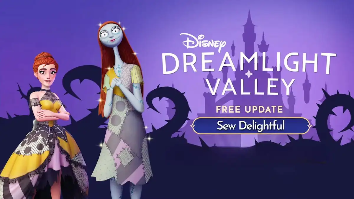 Sally and the player standing together wearing pathwork dresses by the Disney Dreamlight Valley logo and Sew Delightful update name.