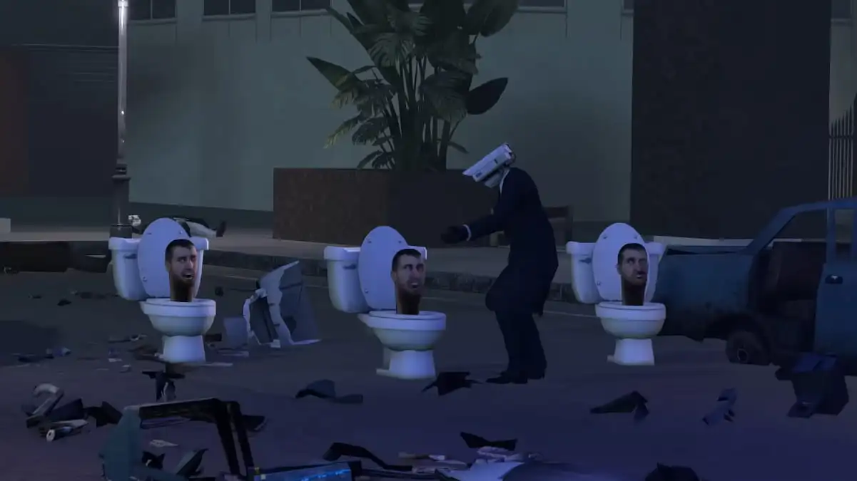 Three Skibidi Toilets and a man with a camera for a head wearing a suit.