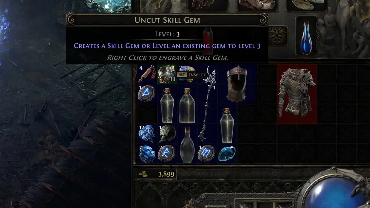 A textbox describing an item called the 'uncut skill gem' that says it 'creates a skill gem' in its description.