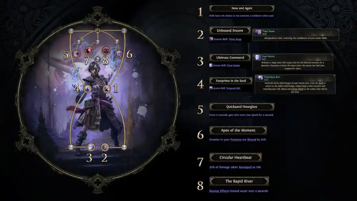 A descriptive panel showing the Chronomancer ascendancy for the Sorceress in Path of Exile 2 with textboxes describing her abilities and an image of her dressed in a robe and hooding blue orbs.