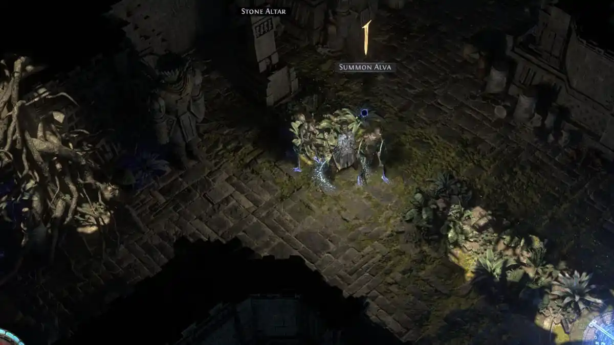 A Witch and her skeletal warriors standing amid the ruins of a lost stone temple overgrown with moss. In front of them is a portal and an instruction to summon another character, Alva, in Path of Exile 2.