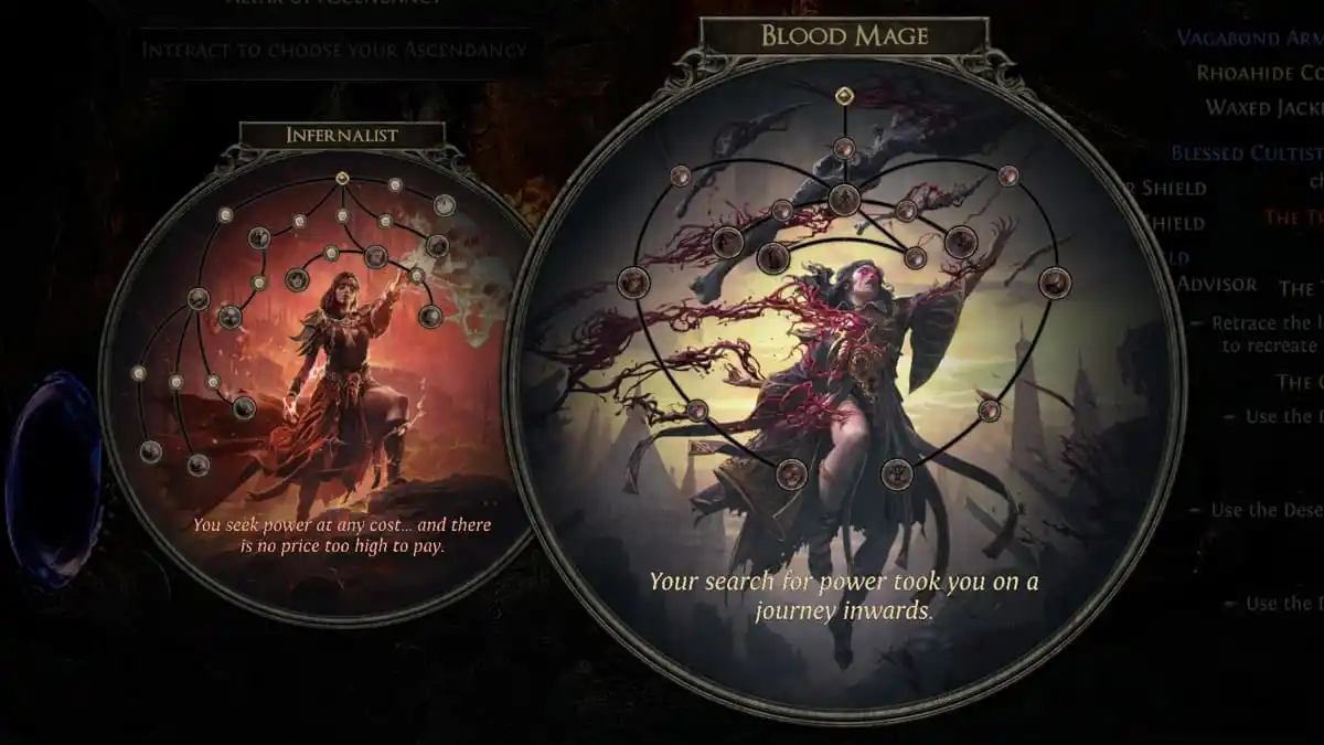 Two circular images showing the Witch class from Path of Exile 2 in its two ascended forms, one called the Infernalist surrounded by flaming skulls, the other a Blood Mage commanding coagulated blood around her.