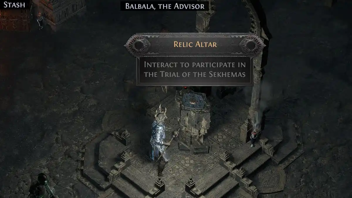 A necromancer standing in front of a Relic altar in a gloomy and ancient room while a ghostly advisor stands next to it in Path of Exile 2.