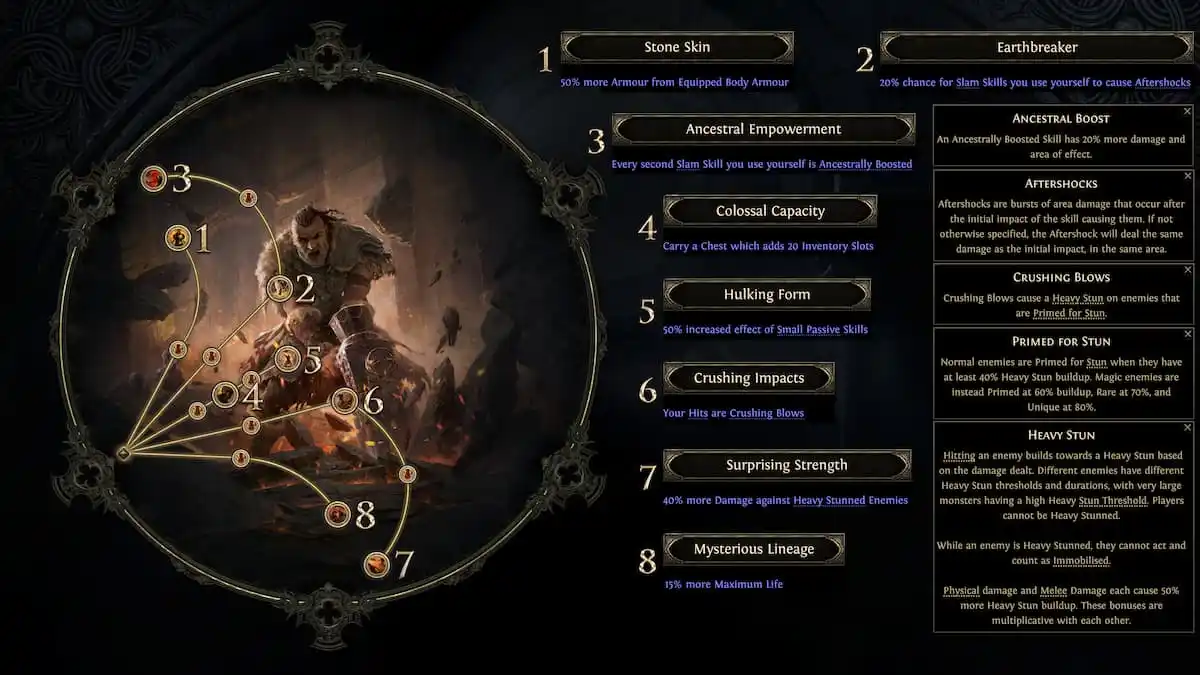 A descriptive panel of the Infernalist ascendancy for the Witch in Path of Exile 2, describing her various powers, with an image of the Titan Warriror on the left side surrounded by enemies and wearing hammer while smashing enemy skulls.