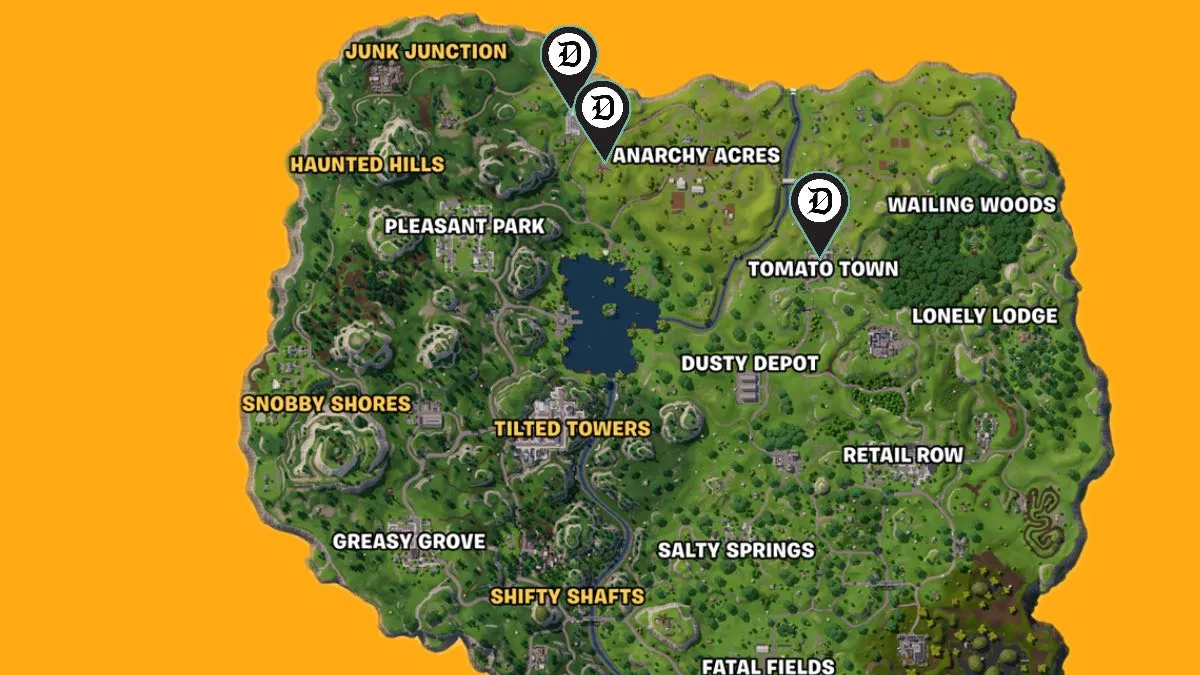 Fortnite OG season two map with a yellow background and three locations marked