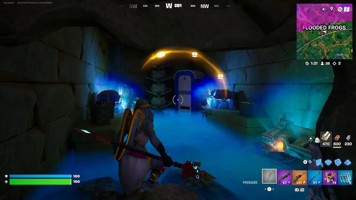 A lot of chests and slurp barrels inside a cave in Fortnite.