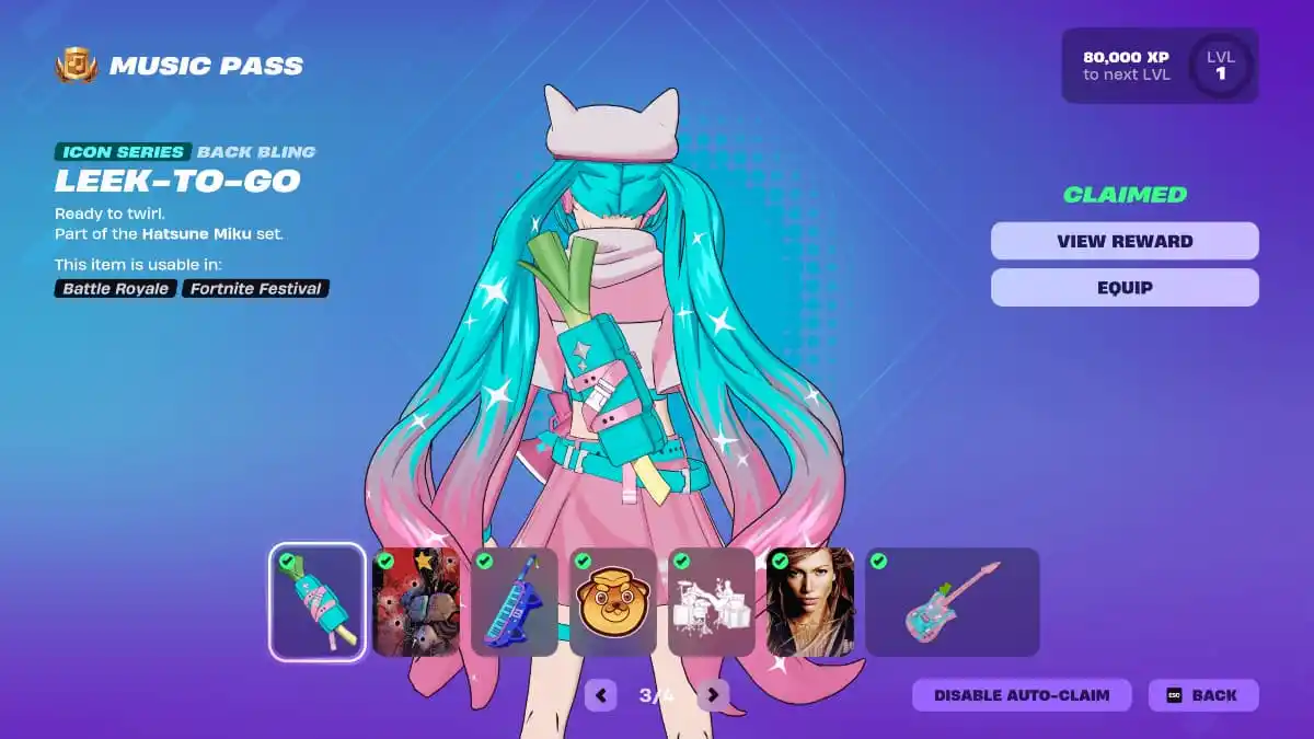 An image showing some of the available rewards in the Hatsune Miku Festival Pass.