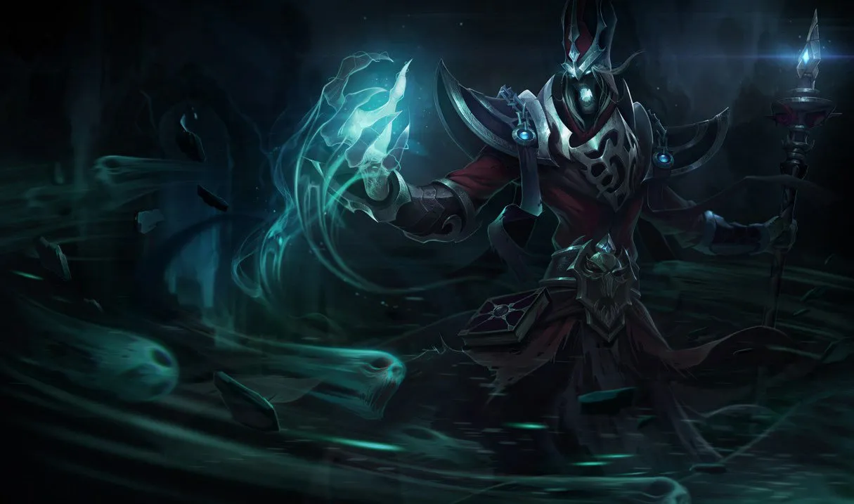 Karthus in League of Legends. He appears as a reaper character, holding blue electric-like energy.