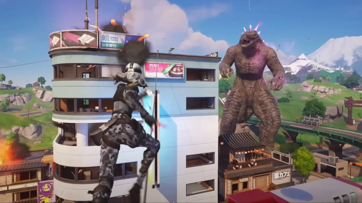 player on a zipline going after Godzilla in fortnite