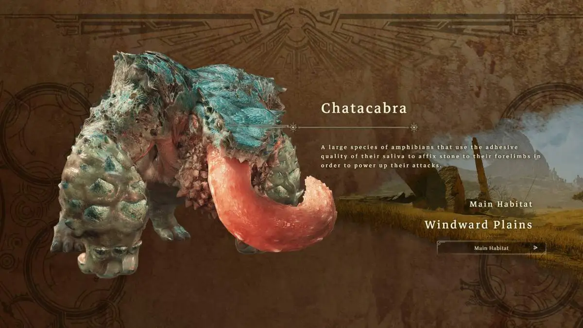 An image from Monster Hunter Wilds of the Chatacabra, a large reptile with two large arms and a massive tongue.