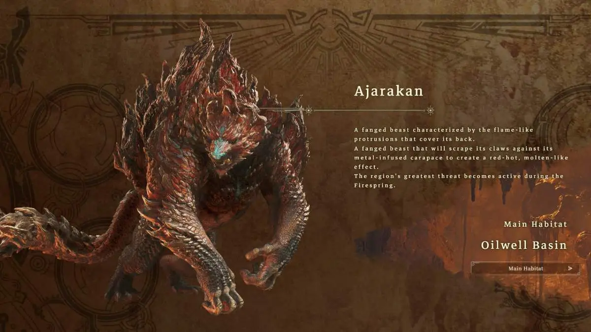 An image from Monster hunter wilds of the ajarakan, a large turtle with a fiery shell that walks on two legs.