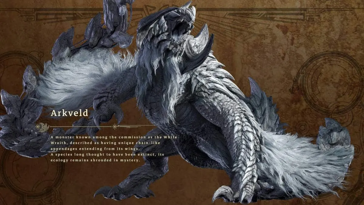 An image of the Arkveld from Monster hunter Wilds. A massive bird with gray and white feathers.