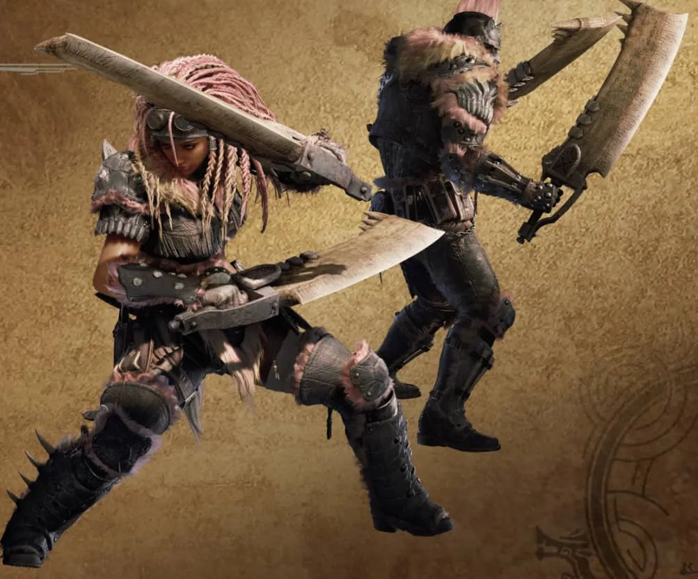 An image from Monster Hunter Wilds of two characters wielding dual blades. 