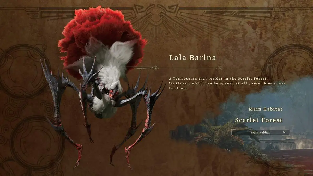 An image from Monster Hunter Wilds of the Lala Barina, a large spider with four legs and a red furry head.