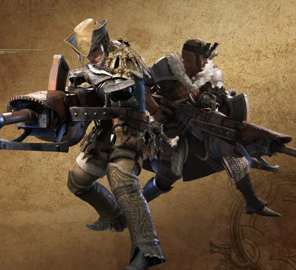 An image from Monster Hunter Wilds of two characters wielding light bowguns. 