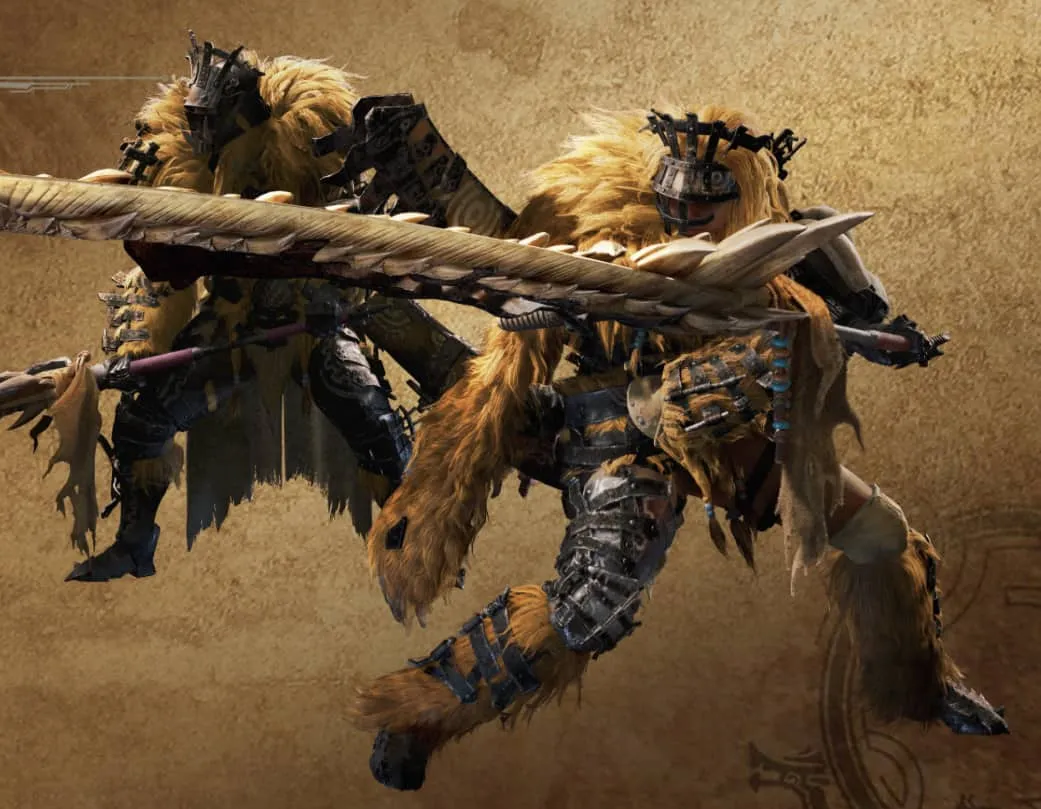 An image from Monster Hunter wilds of two characters wielding longswords. 