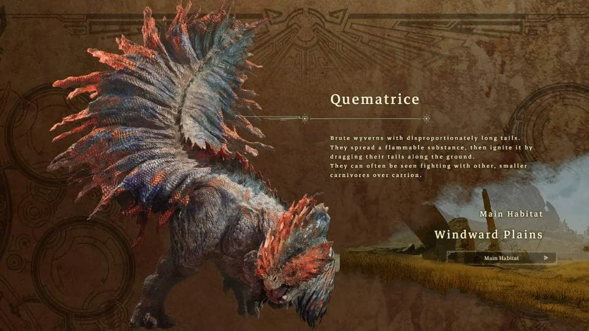 An image from Monster Hunter Wilds of the Quematrice, a two legged leathery monster with a large tail.