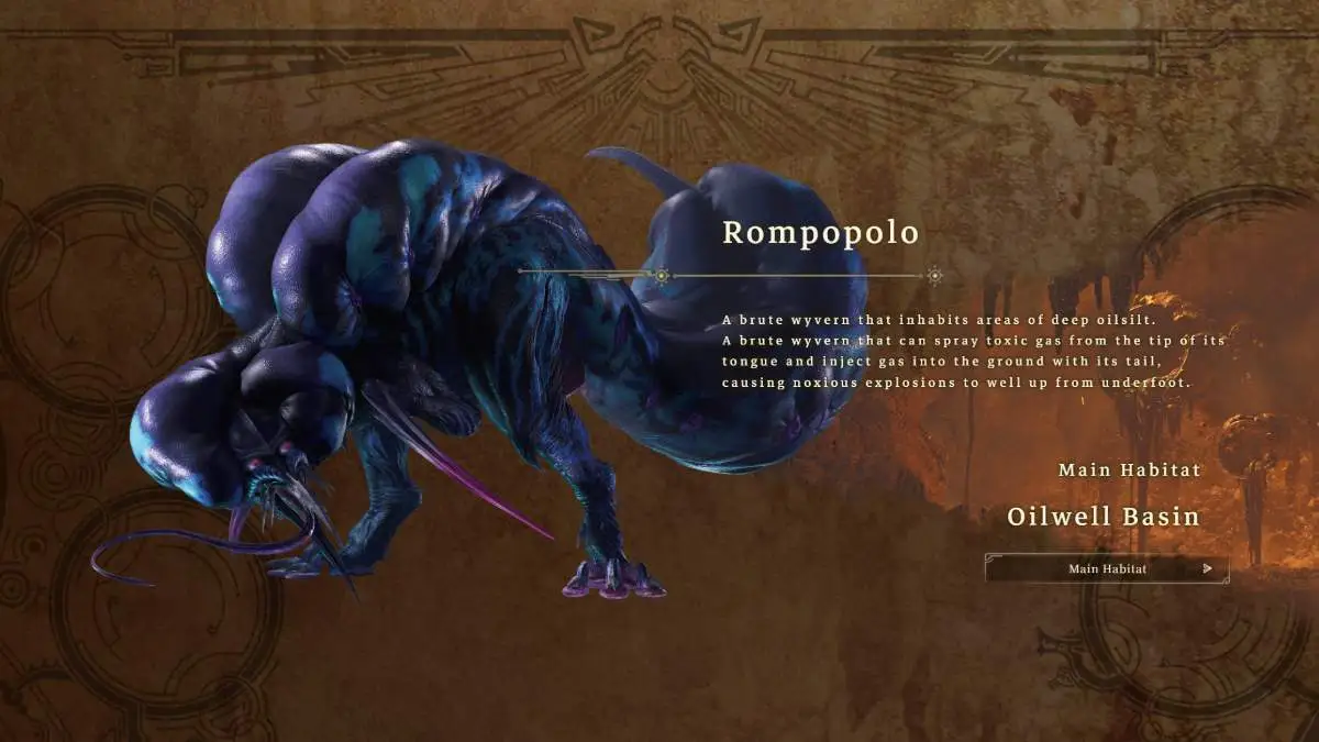 An image from Monster hunter Wilds of the rompopolo, a dark creature with two legs and a long body.