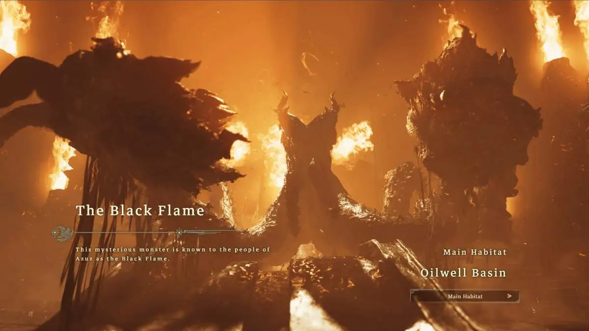 An image from Monster Hunter Wilds of The Black Flame, a mysterious monster that lights itself on fire.