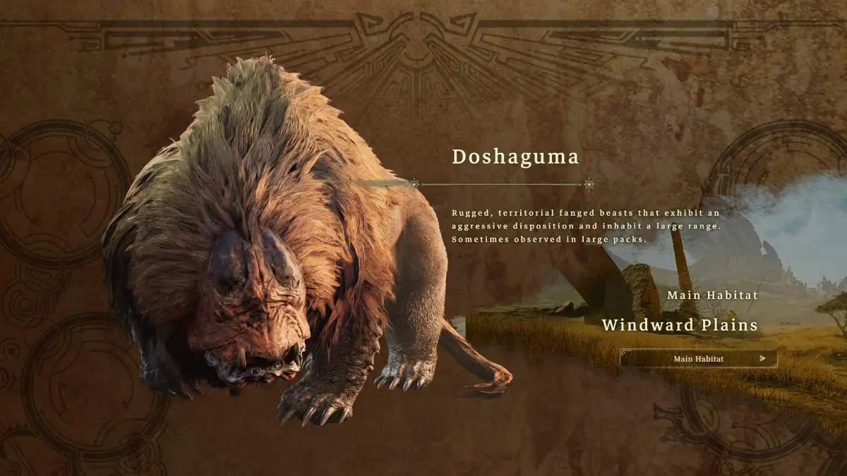 An image from Monster hunter Wilds of the Doshaguma, a large gerbal-like beast.