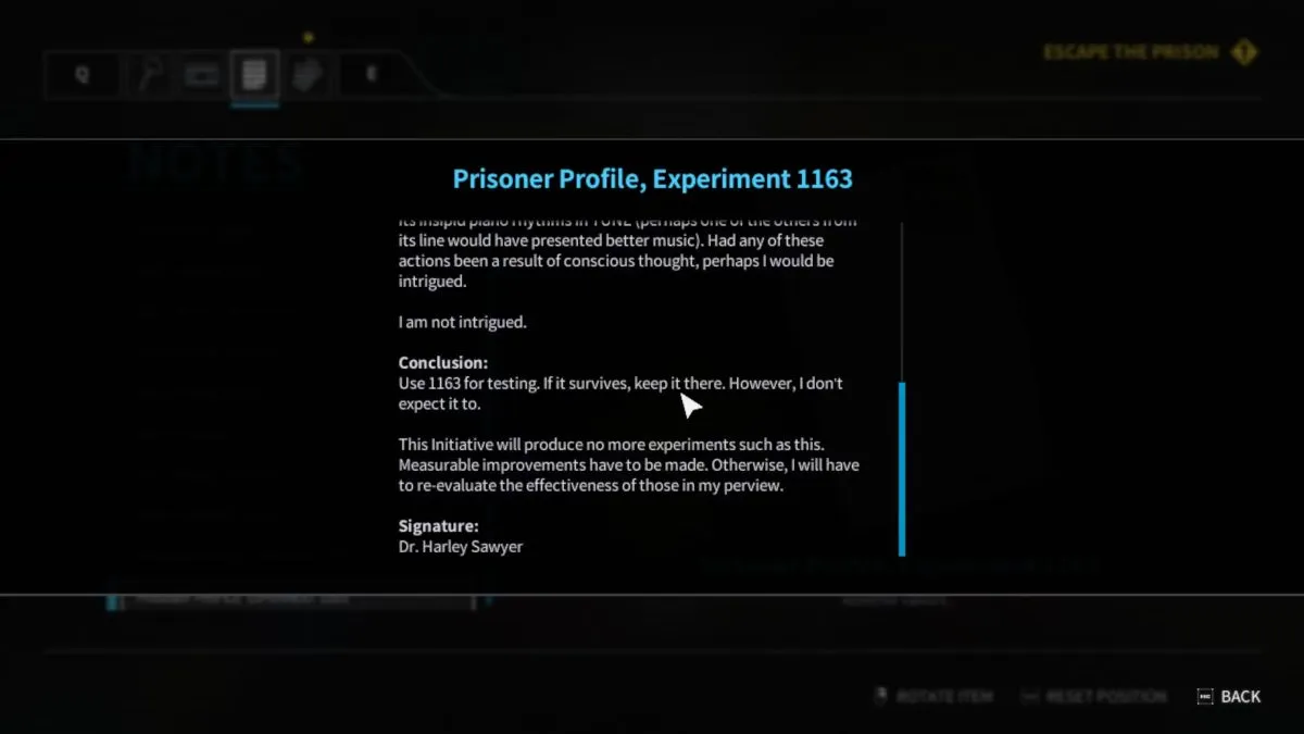 Looking at the prisoner profile for Pianosaurus (Experiment 1163) in Poppy Playtime Chapter 4