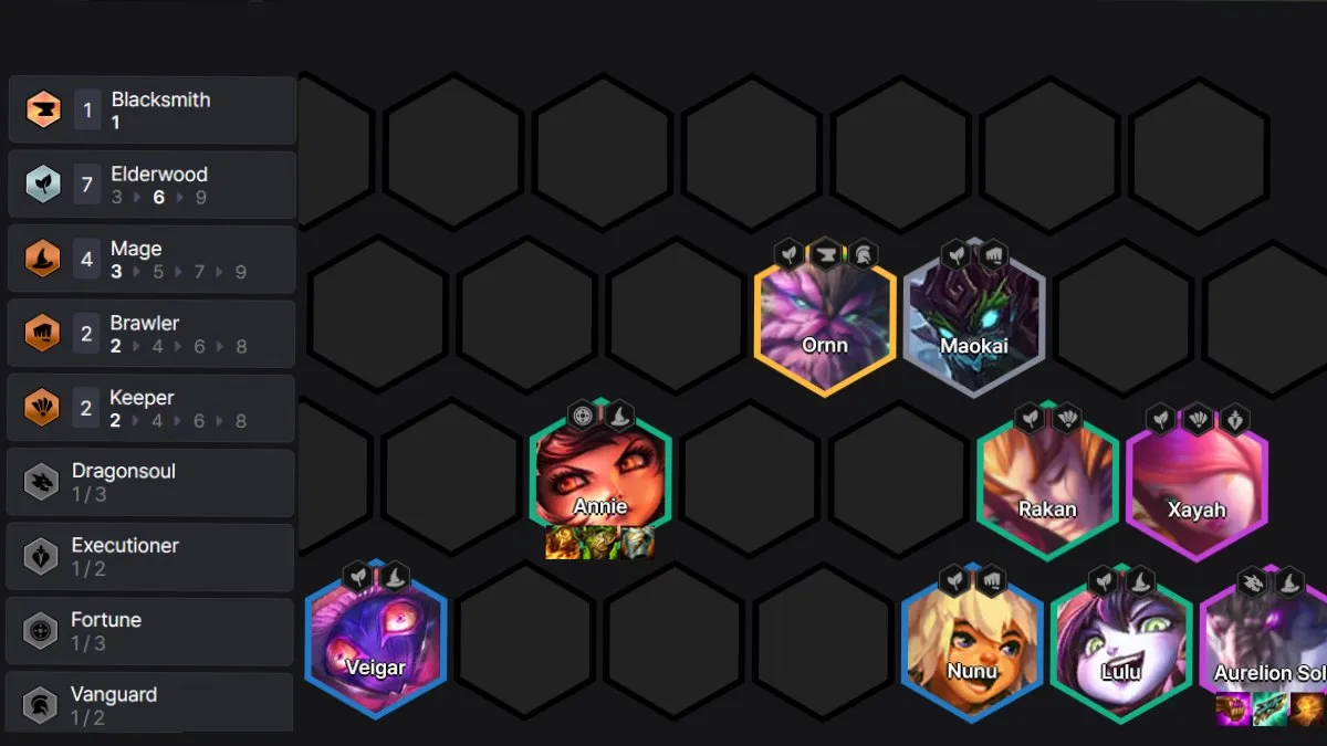 TFT hexagonal board with units placed and items and traits listed for Mage Elderwood