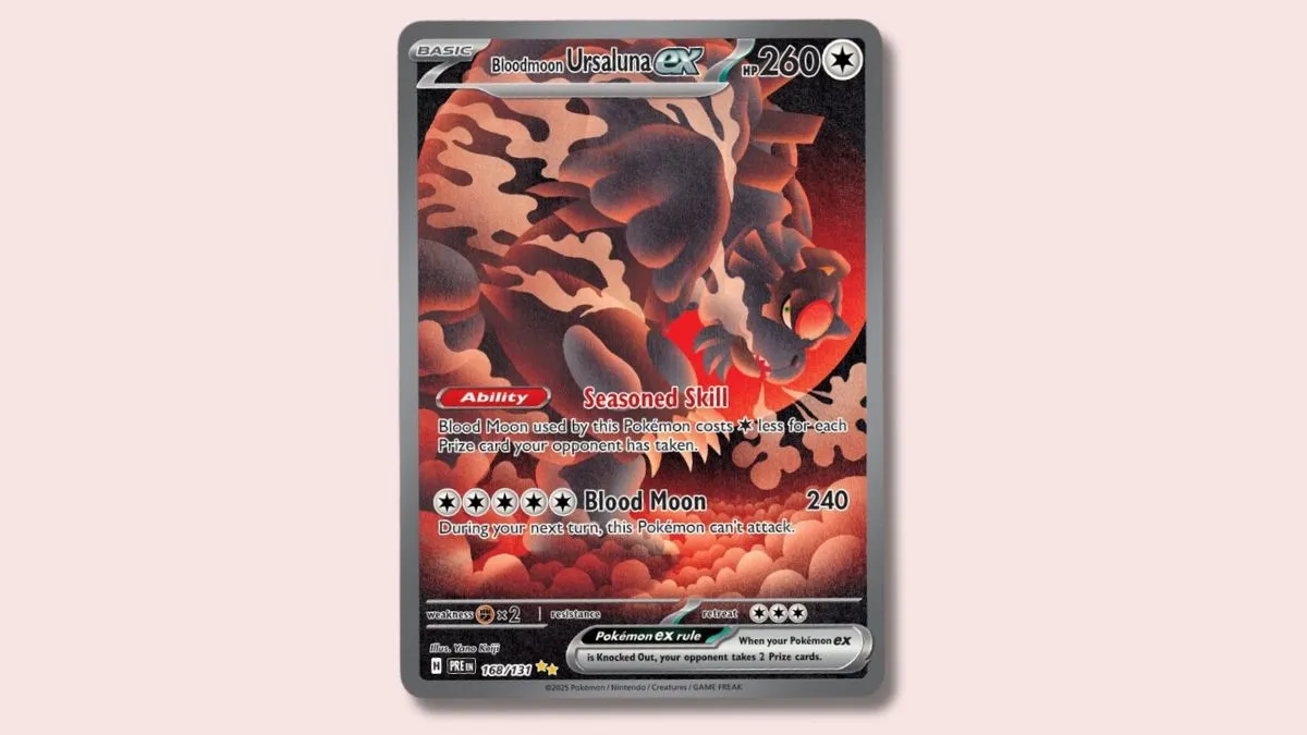 Bloodmoon Ursaluna Pokémon card on a pink background.