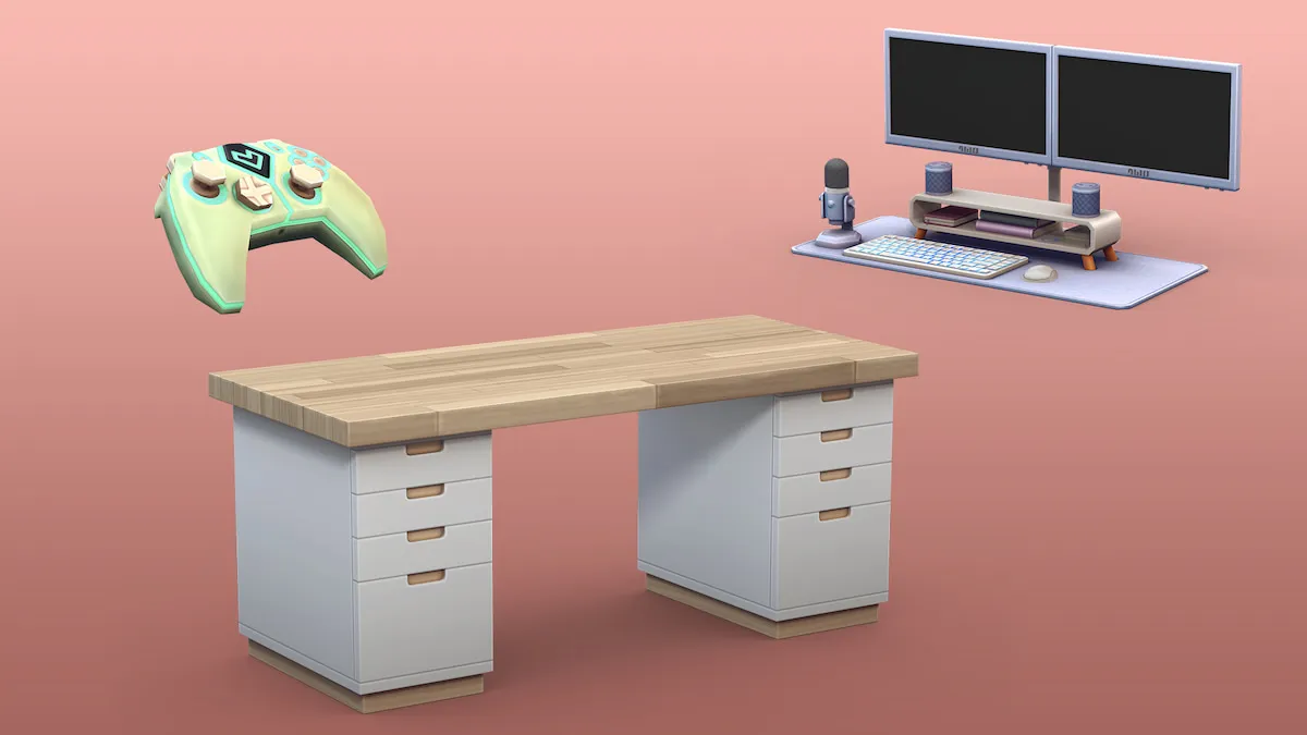 A controller, desk and dual monitor PC in the Sims 4 Comfy Gamer Kit.