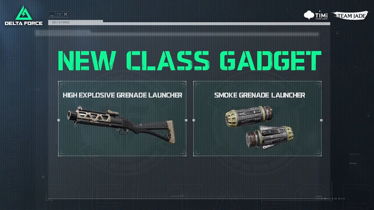 Grenade launcher (Assault) and smoke grenade launcher (Support) class gadgets in Delta Force