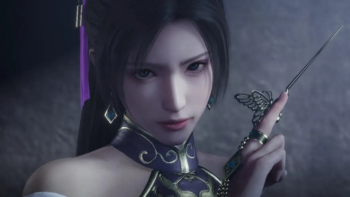 Dynasty Warriors Origins female character close up holding her pin weapon