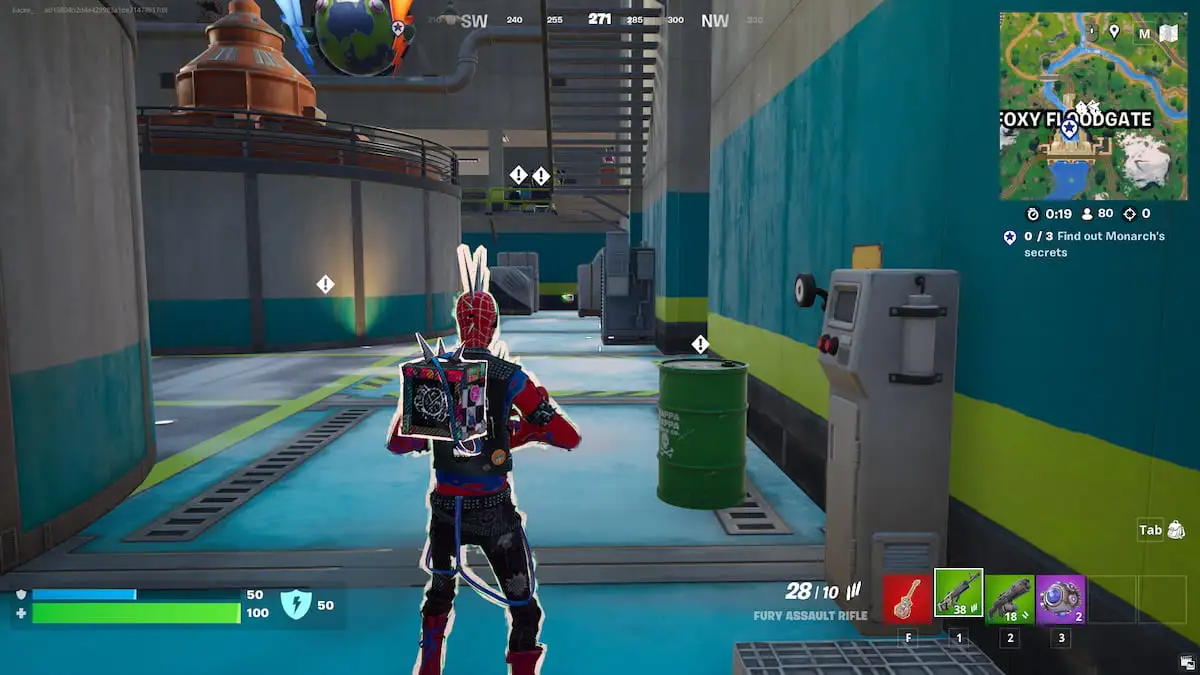 Spider-Punk looking around Foxy Floodgate at some white diamond icons with an exclamation point in them in Fortnite.