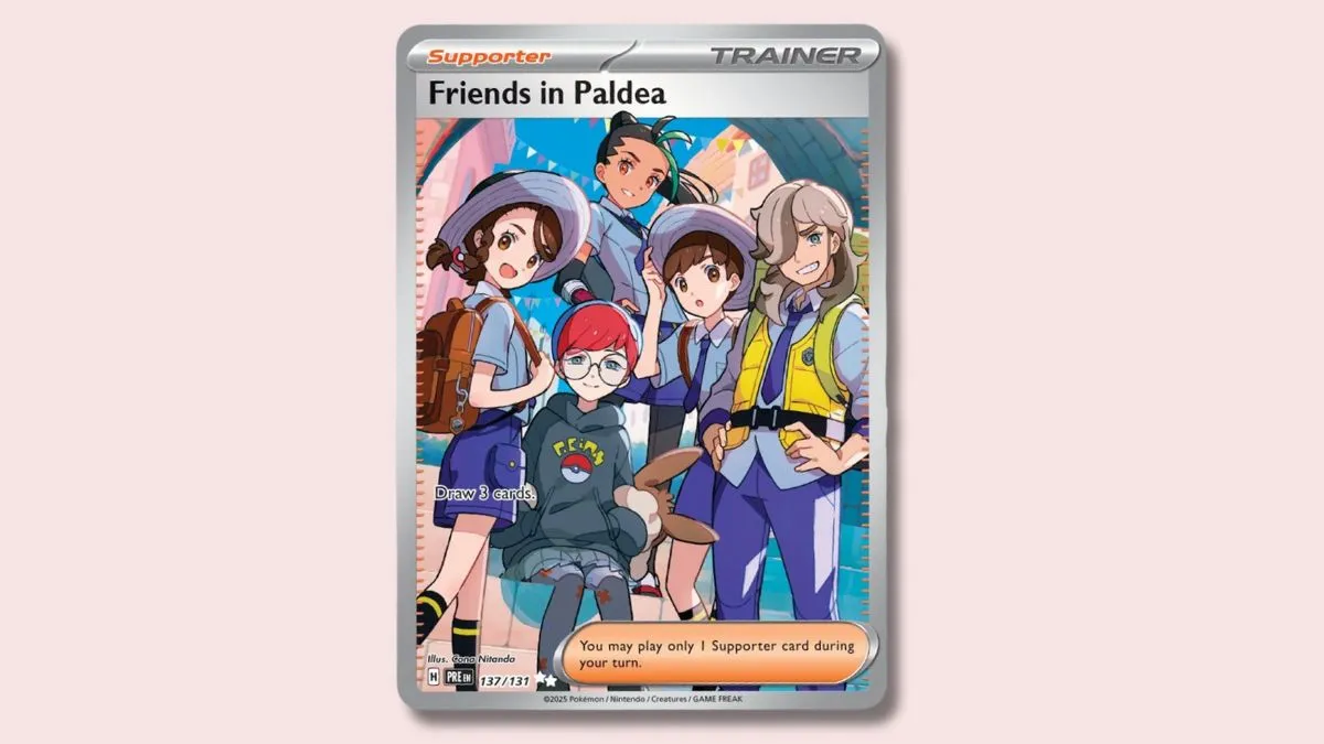 Friends in Paldea Pokémon card on a pink background.