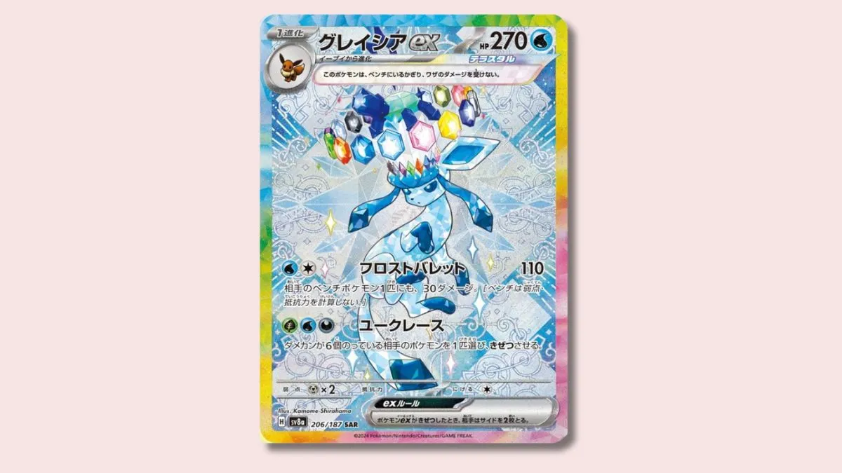 Glaceon Pokémon card on a pink background.