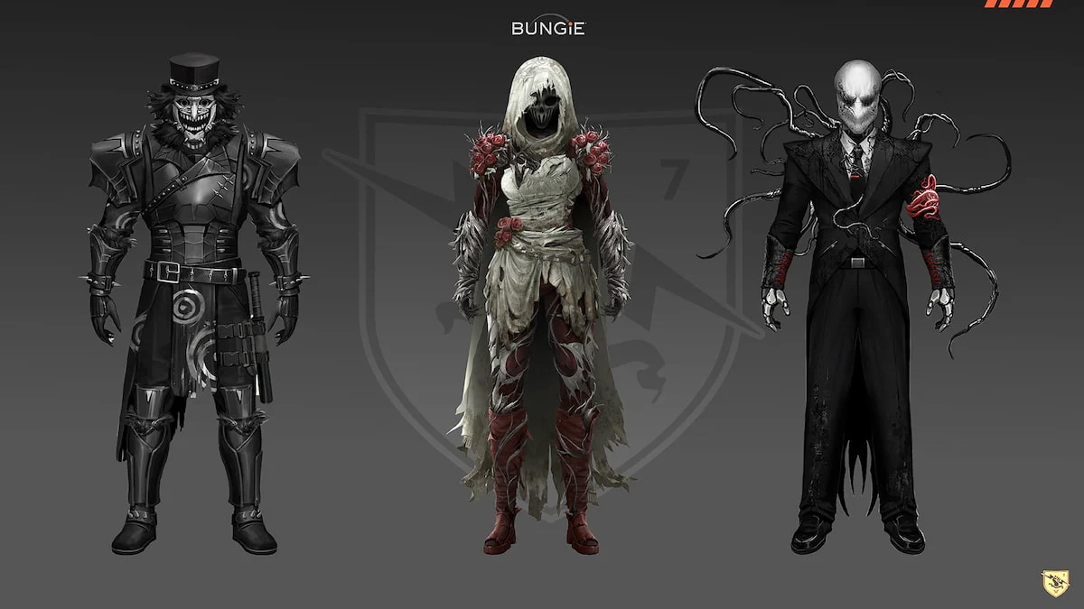 A collection of horror-themed Destiny 2 skins with a clown mask, hooded ghoul, and Slenderman designs.