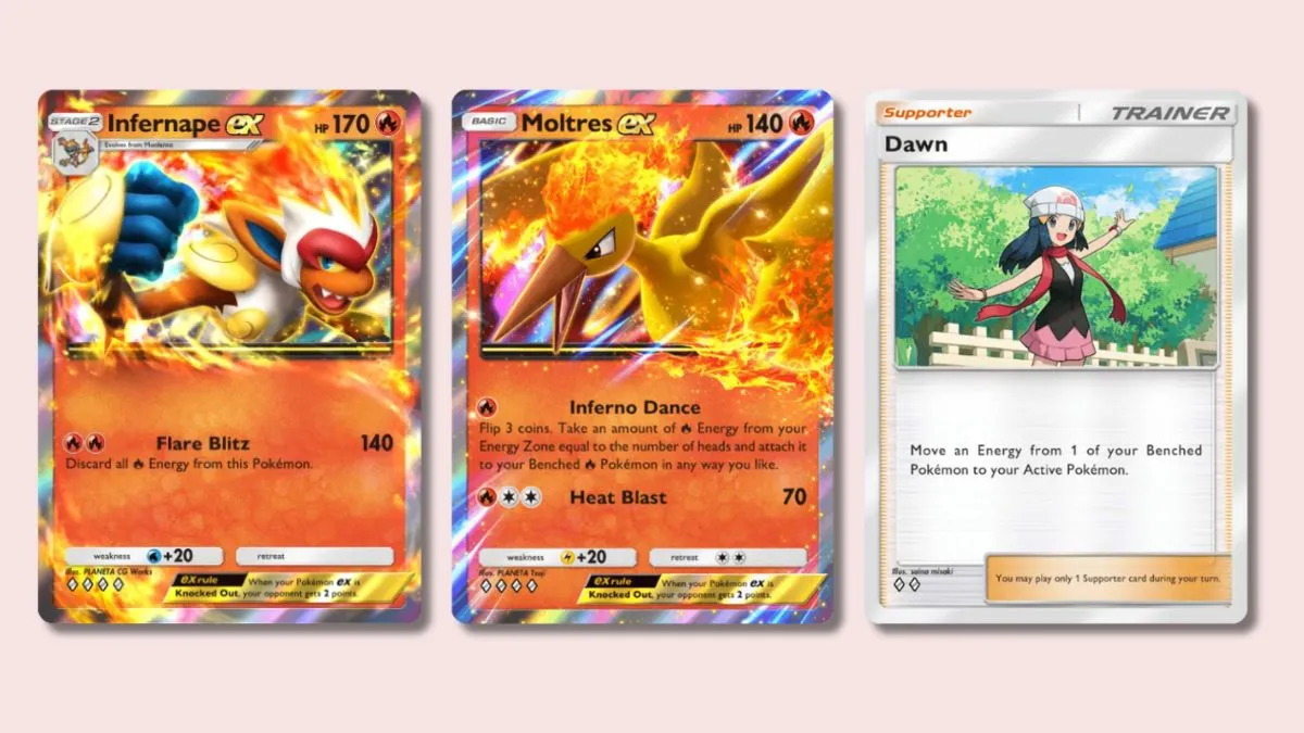 Infernape ex, Moltres ex, and Dawn Pokémon TCG Pocket cards on a pink background.