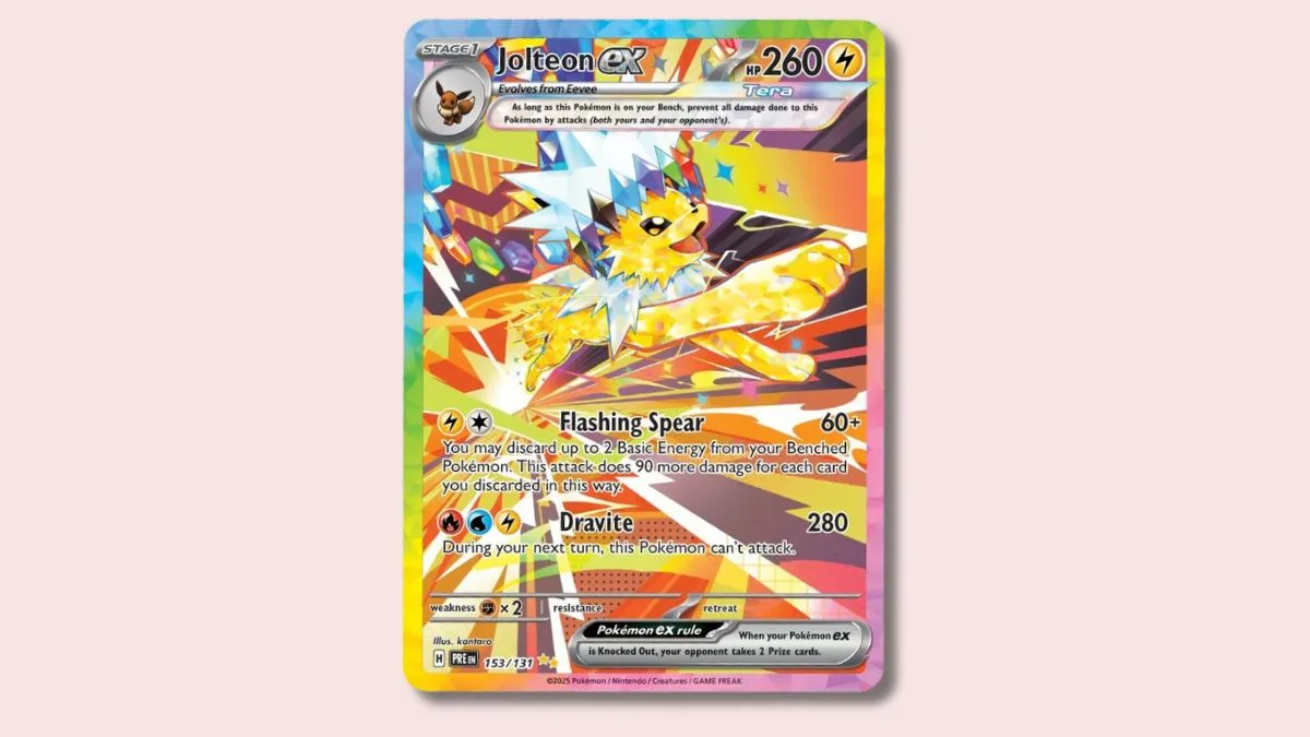 Jolteon Pokémon card on a pink background.