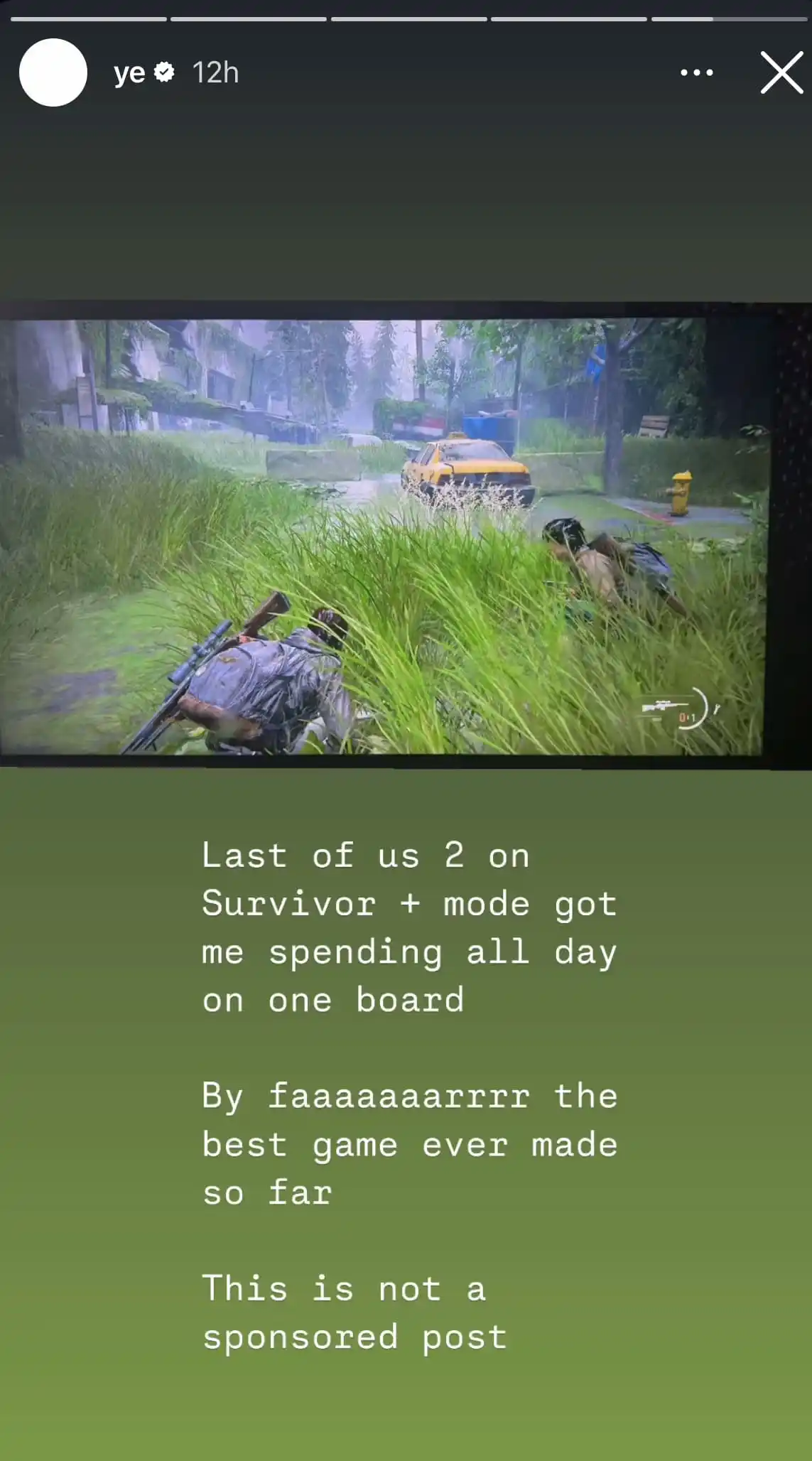 A screenshot from Instagram showing readers Kanye West's post about The Last of Us 2 on Survivor + mode