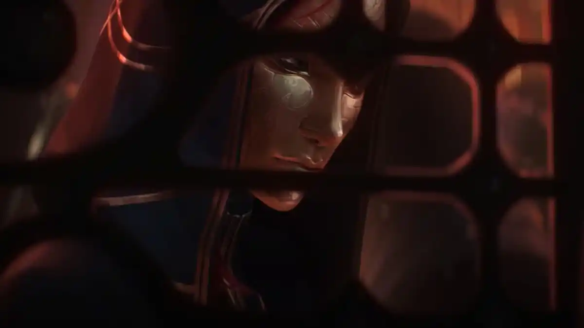 A woman wearing an ornamental hood and a golden mask watches through a strange webbed window in the 2025 seasonal trailer for League of Legends.