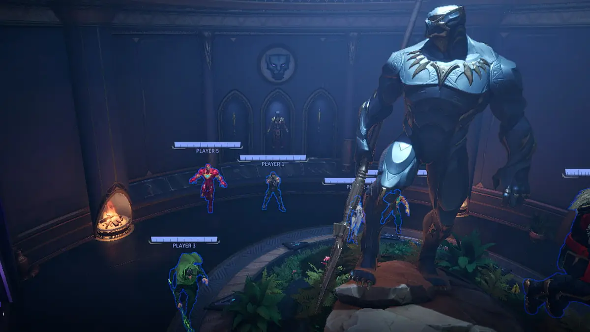 A statue of Okoye behind some players and a statue of Black Panther in Marvel Rivals.