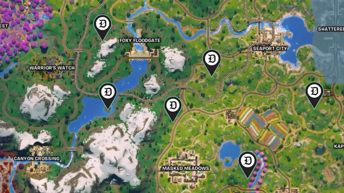 Six Sprite Shrines marked on a map in Fortnite.