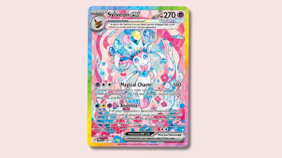 Sylveon Pokémon card on a pink background.