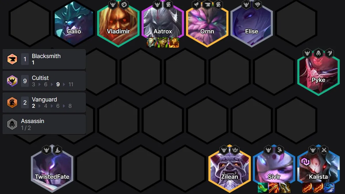 TFT hexagonal board with units placed and items and traits listed for Cultists fast 9