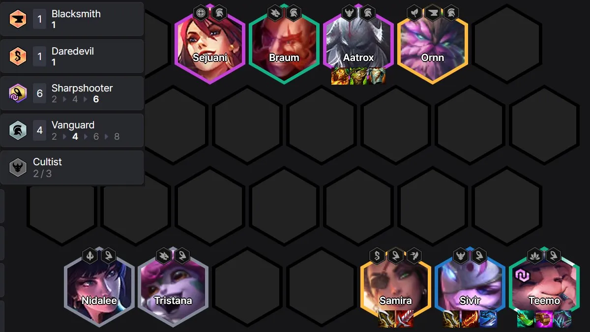 TFT hexagonal board with units placed and items and traits listed for Sharpshooter Vanguard board