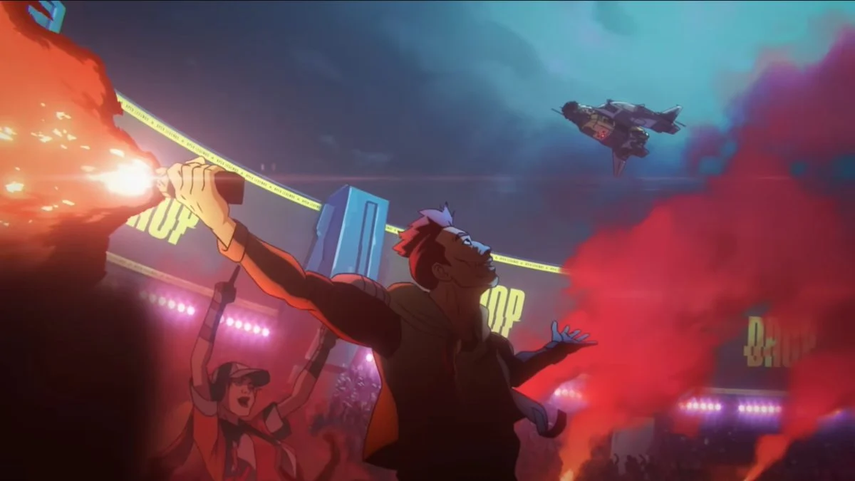 A man looking up to the dropship, holding out flares on either side of him with a group of people surrounding him in Takeover trailer