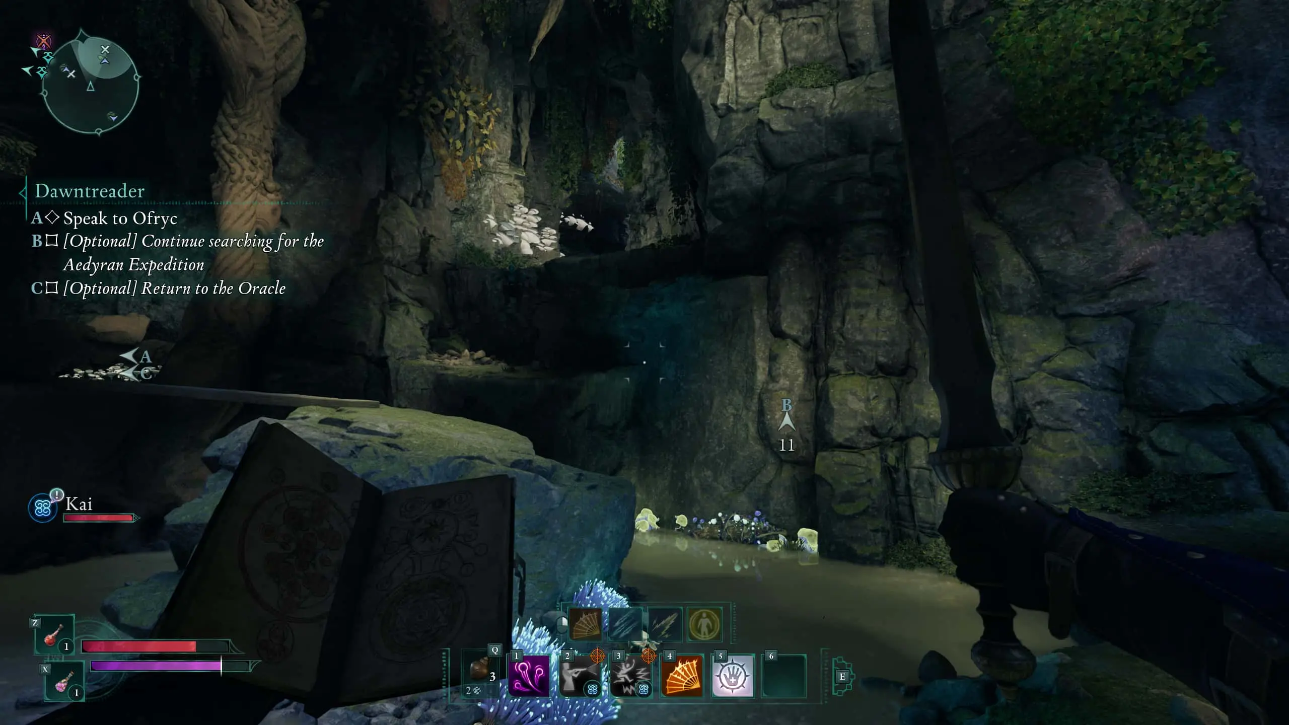 A cave scene with a path leading upwards towards a waypoint marked "B."