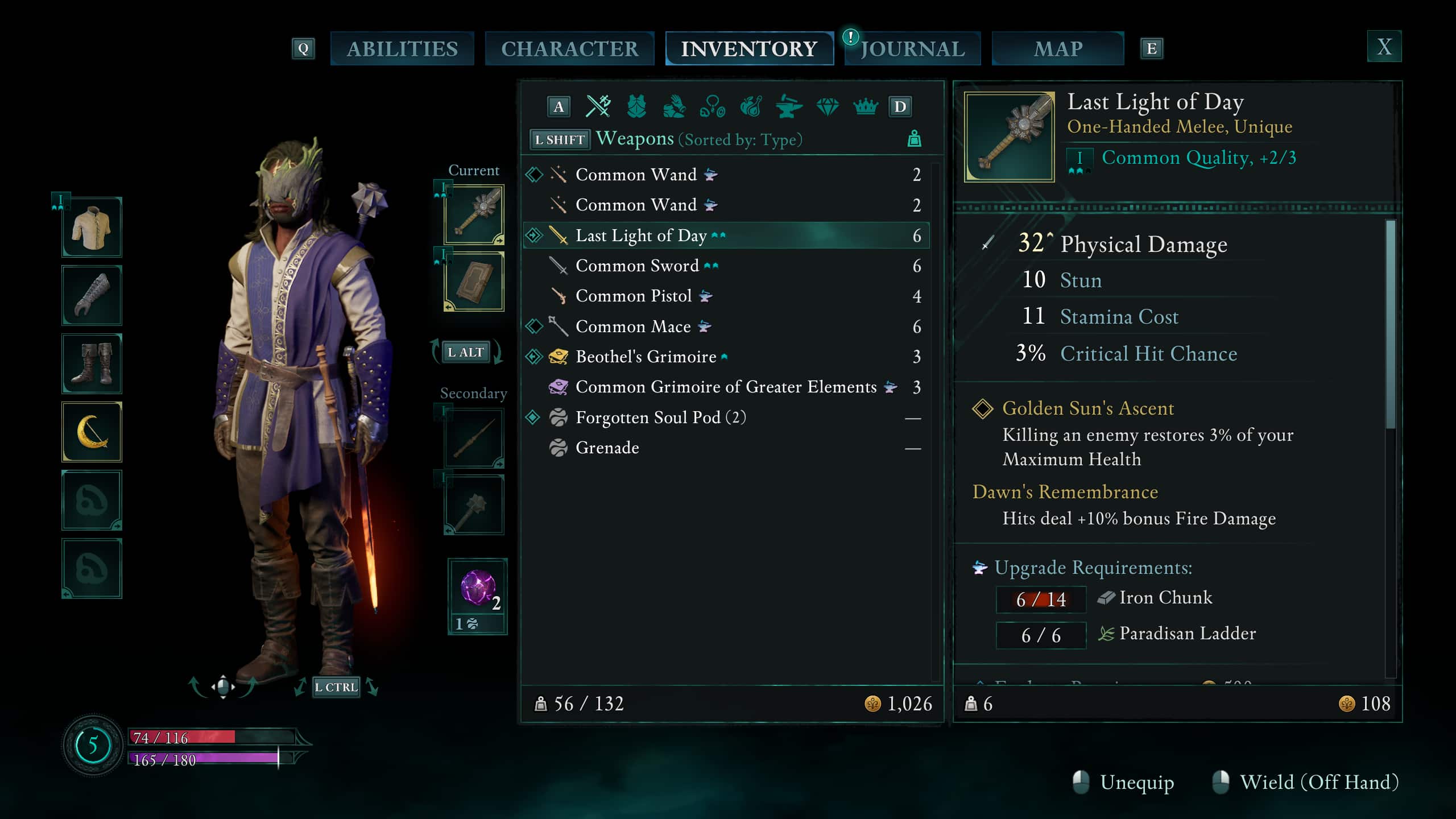 And inventory page showing the Last Light of Day sword.