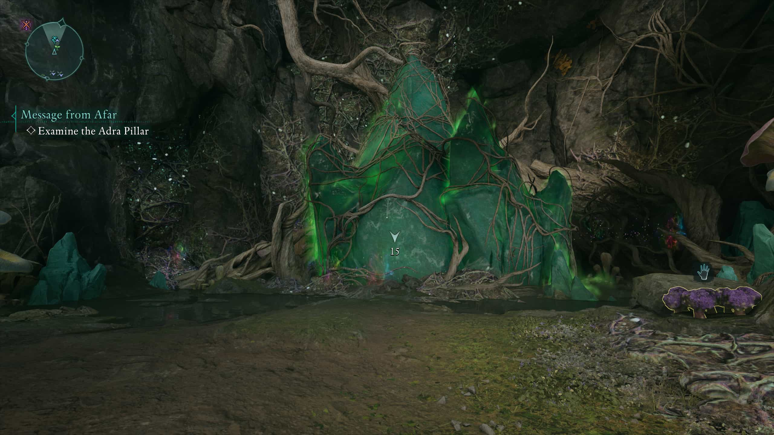 A large, green crystal structure covered in roots with a green aura around it.